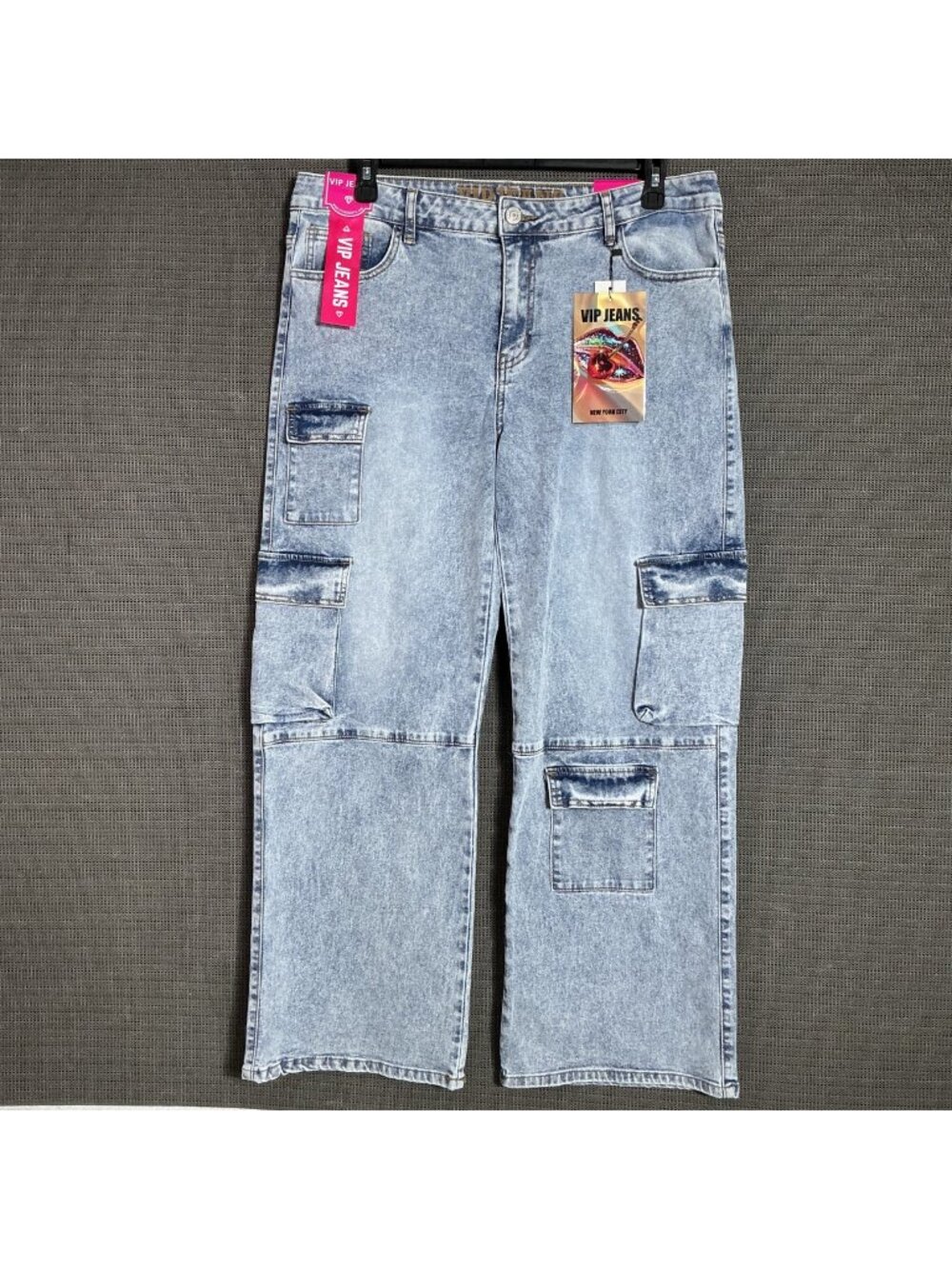 VIP Jeans Womens Size 15/16 Blue Sculpting Stretch Cargo Denim Pants Acid Wash.